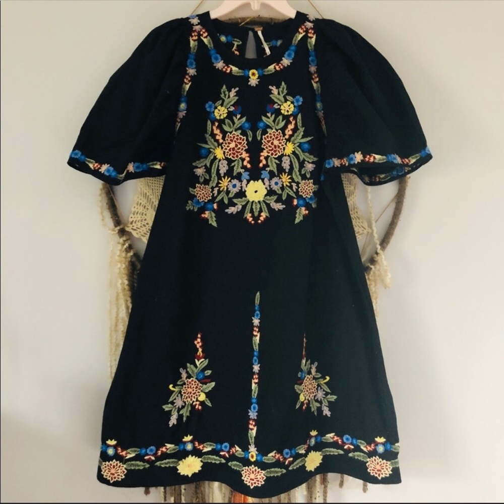 Free People Embroidered Black Dress Size Medium
